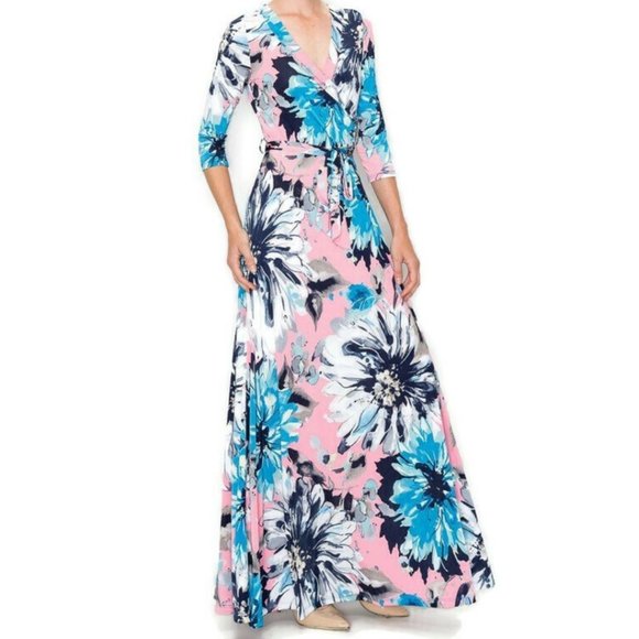 Janette Fashion Pink and Blue Blossom Floral Faux Wrap Maxi Dress - Picture 2 of 4